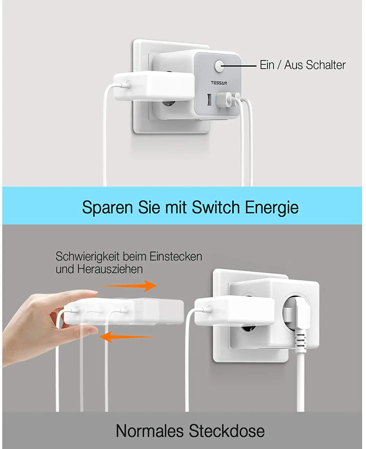 TESSAN EU Wall Socket Power Strip with 3 USB Ports + Sockets Overload protection 6-in-1 on/off Switch Plug | Электроника