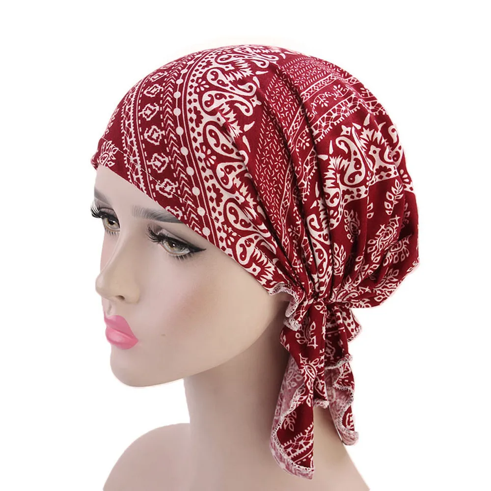 

2021 New Women Muslim Fashion Hijab Cancer Chemo Flower Print Hat Turban Head Cover Hair Loss Scarf Wrap Pre-tied Bandana