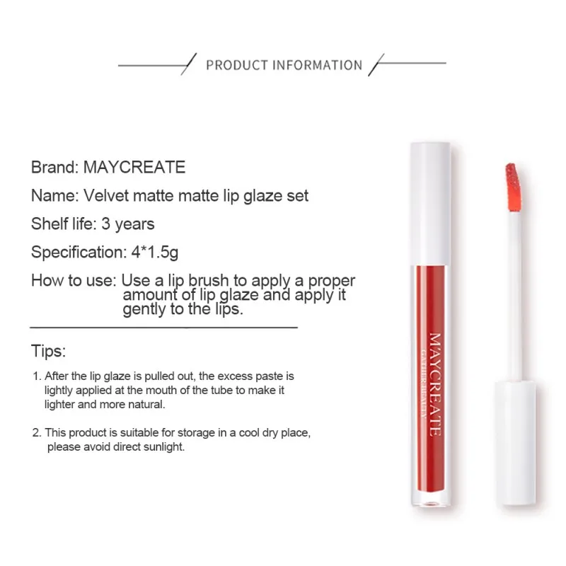 4 pcs/set Matte Velvet Lip Glaze Mist Smooth Long-Lasting Moisturizing Pipe Set Gloss for Women Y1 |