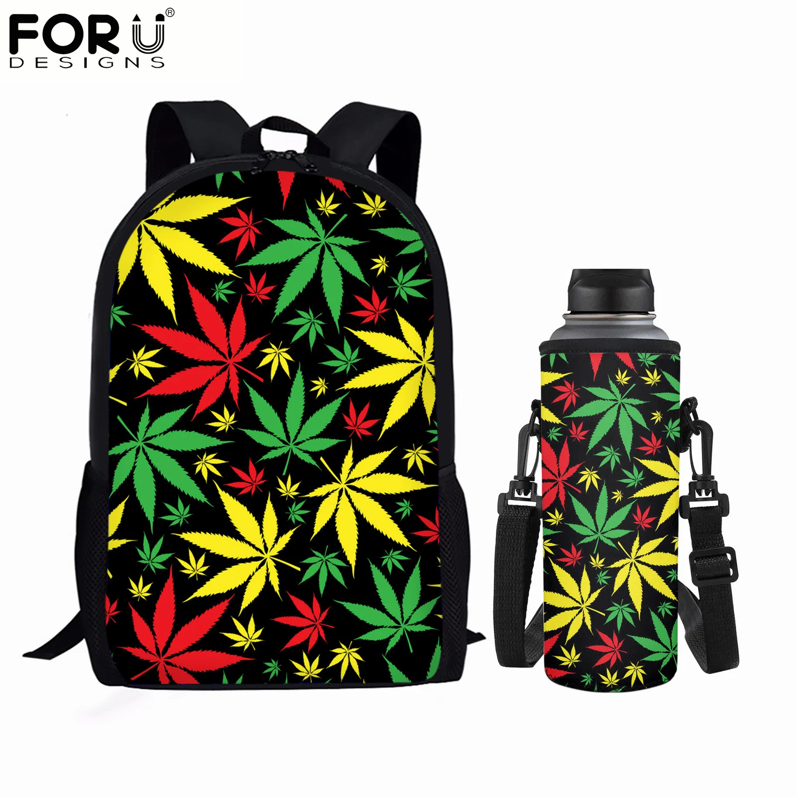 

FORUDESIGNS New Trend Reggae Weed Print Teenager Backpack Soft Water Bottle Cover Bag Large Capacity Schoolbags Set Mochilas Hot