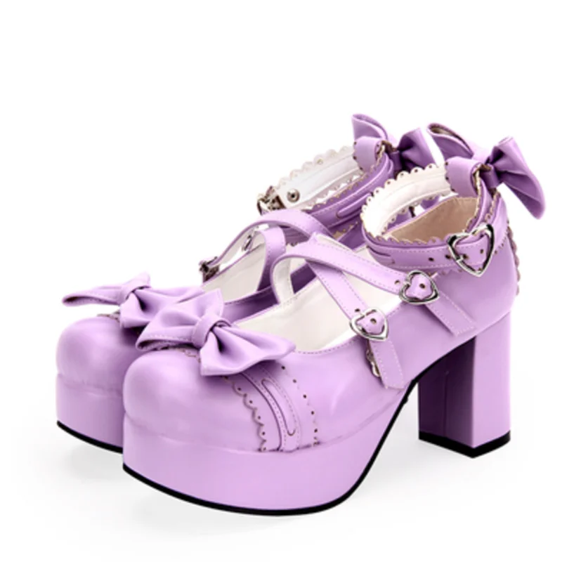 

Round head shallow mouth thick bottom Lolita shoes cross bandage bowknot high-heel princess lace tea party shoes women soft girl