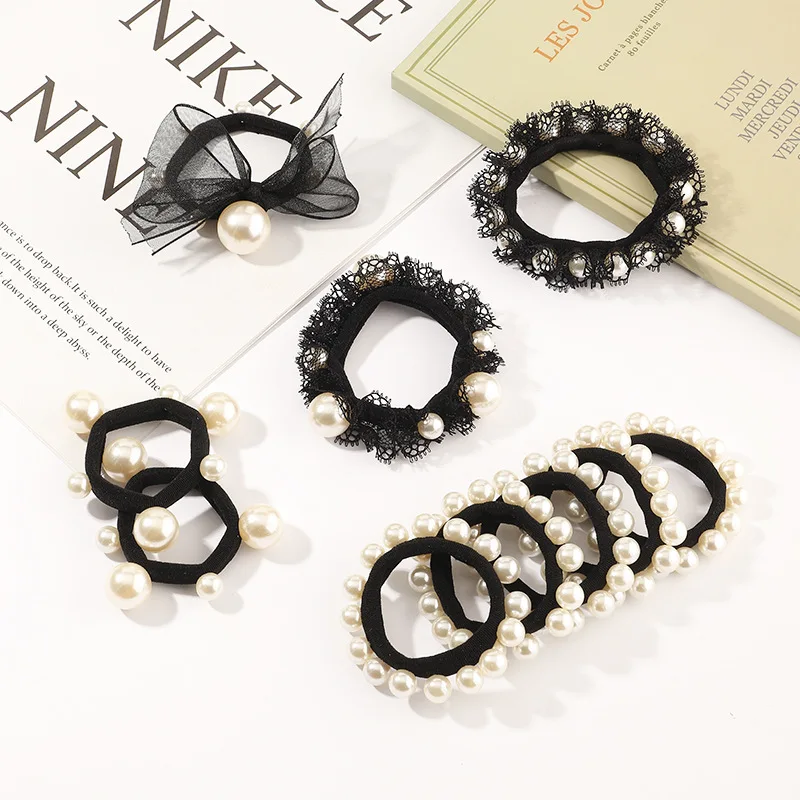 

1/10Pcs New Women Girls Basic Knot Pearls Elastic Hair Bands Scrunchies Ponytail Holder Headbands Hair Accessories Set