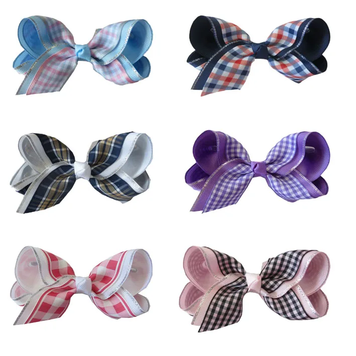 

free shipping 6pcs Girl Hair Accessories 4" Ginghams 2 Tone Double ABC Bow Clip