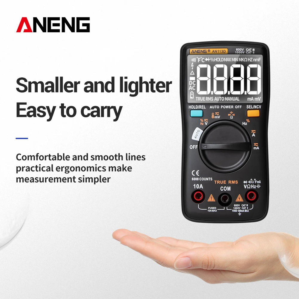

Aneng An113d Digital Multimeter 6000 Counts Electrical Meter Transistor Tester Temperature Auto Ranging Ac/dc Voltage Meter