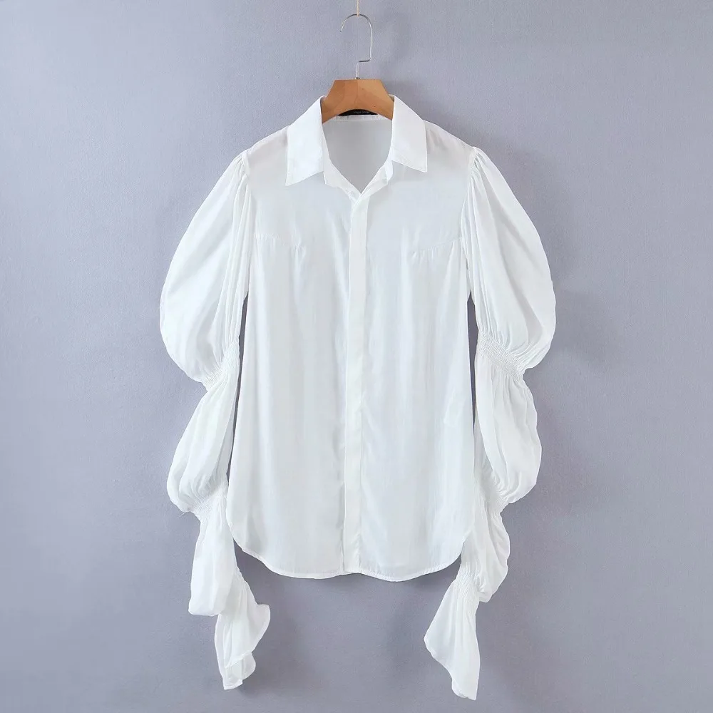

Women's Chic Single Breasted Long Puff Sleeve Blouse 2021 Summer Autumn Sloid Color Turn Down Collar Shirt Streetwear Shirt Top