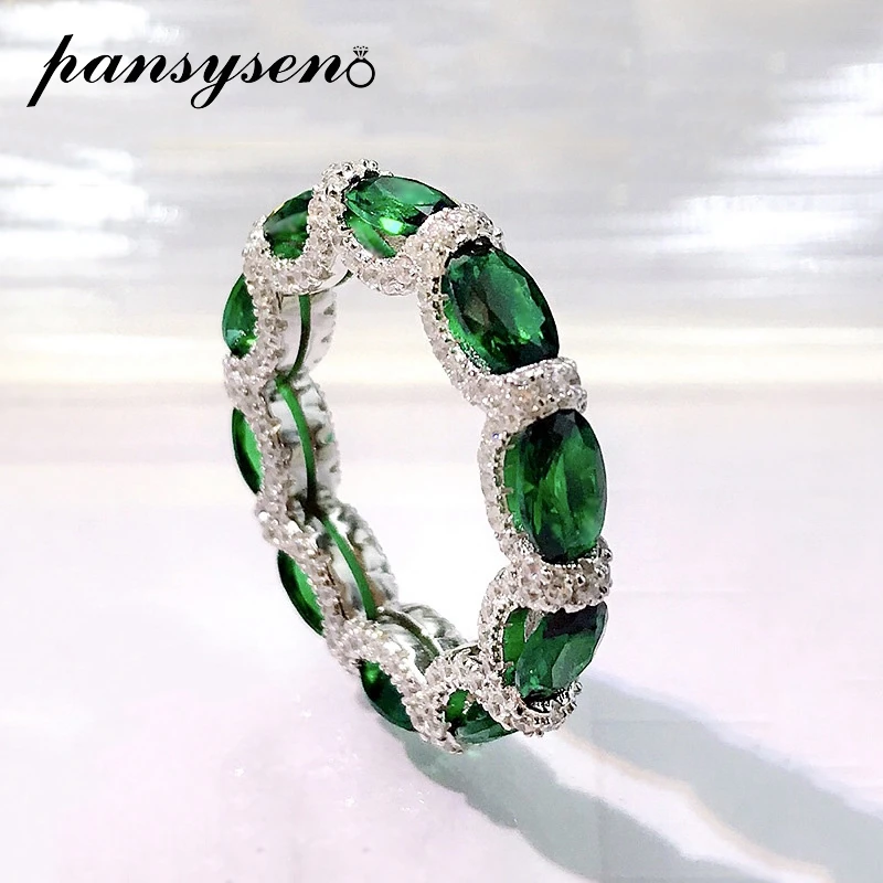 PANSYSEN 100% 925 Sterling Silver Full Eternity Emerald Ruby High Carbon Diamond Engagement Ring for Women Luxury Wedding Band