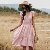 new fashion summer dress women hollow out hight waist casual v neck solid flying sleeve dress for woman knee length dresses