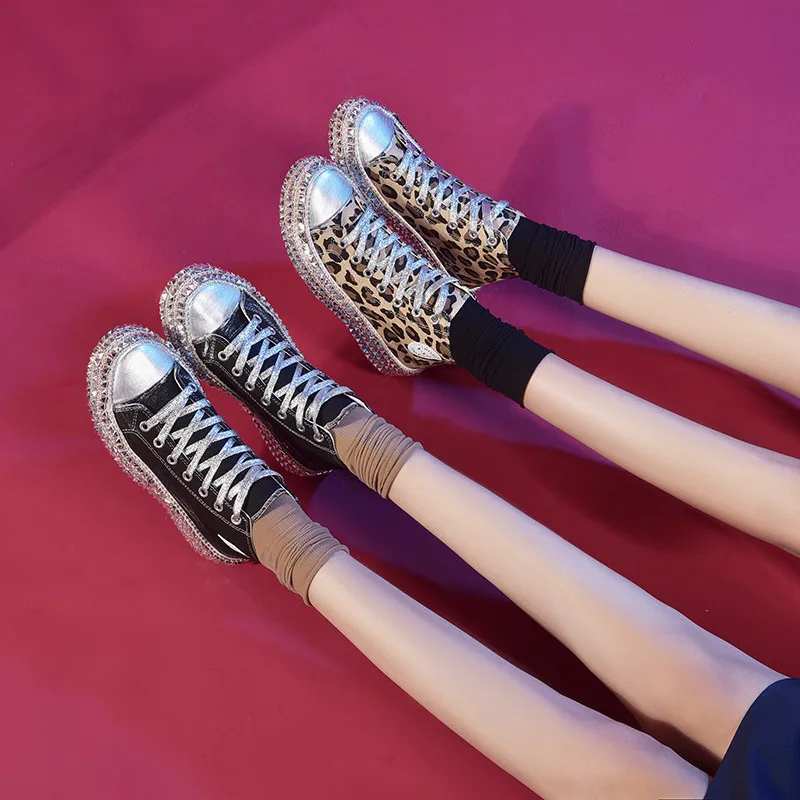 

Women Studded Canvas Shoes Sexy Leopard Print Lace-Up Sneakers High-top Harajuku Flat Casual Shoes Streetwear Vulcanized Shoes