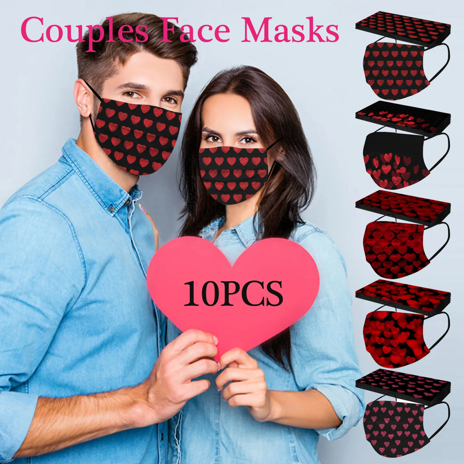

10pcs Lovers Disposable Mask Adult Hearts Print Valentine Breathable Protective Mouth Masks 3-Layer Dust-proof Mascarillas