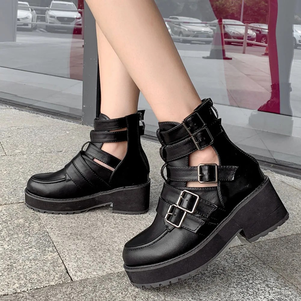 

2021 Luxury Brand Gothic Style Buckles Belt Platform Chunky Heels Ankle Summer Boots Cool Fashion Woman Shoes