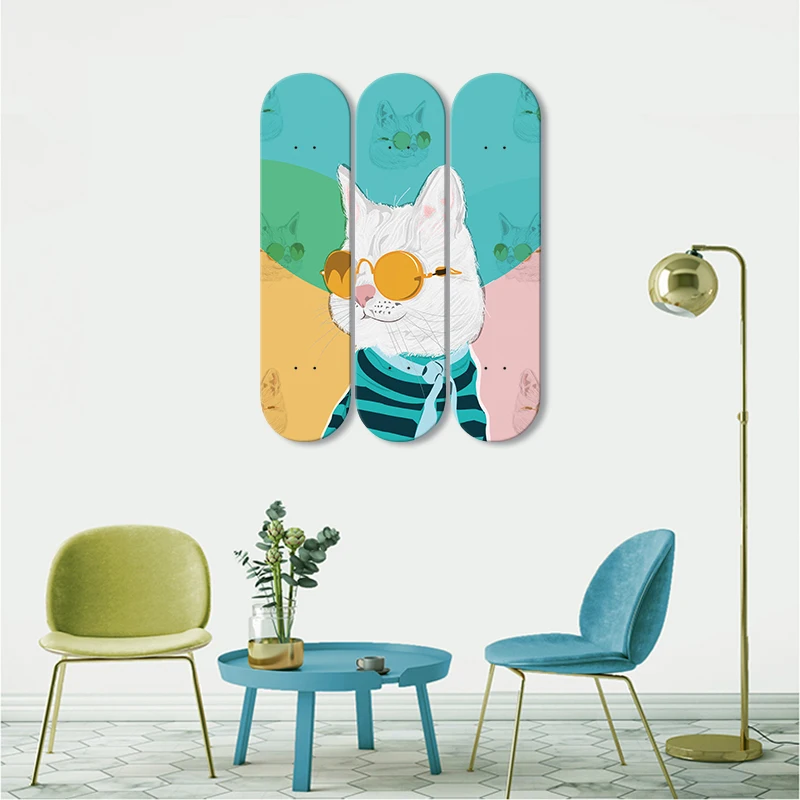 

3pcs Decorated Furnishing Exhibition Skate Board Wall Mural Cool Cat Illustration Skateboard for Bar Pub Teen Room Decoration