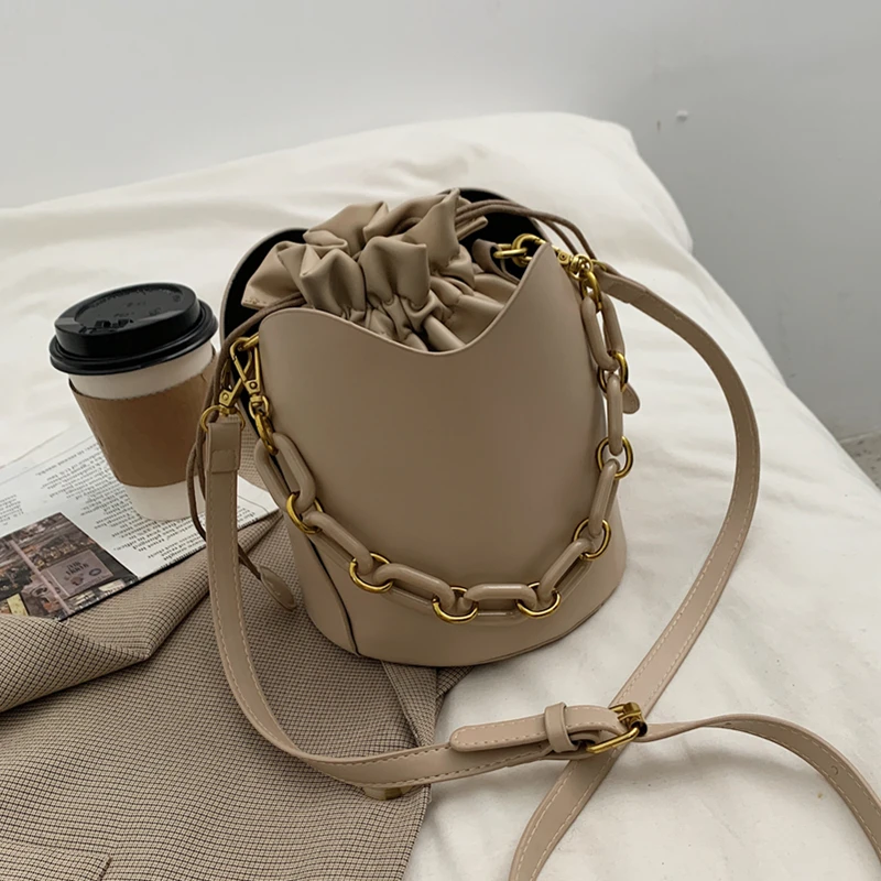 

Fashion Drawstring Bucket Small Crossbody Bags For Women Unique Design Cylinder Acrylic Chain PU Leather Female Shoulder Bags