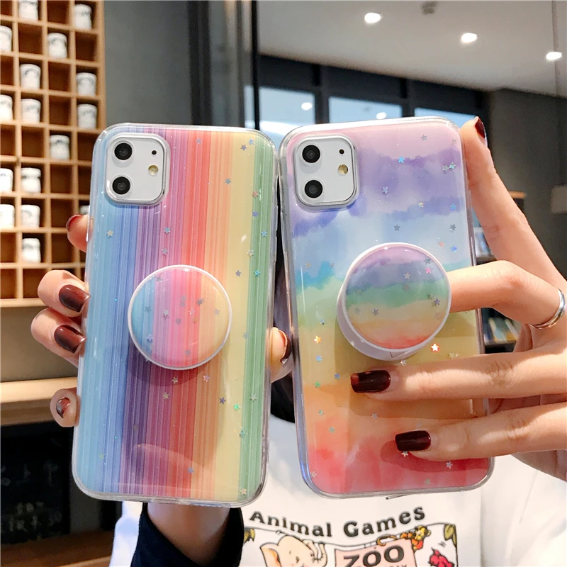 Fashion Girl Bracket Function Phone Cover Case For Iphone X 11 12 Pro Xs Max Mini Xr 10 8 7 6 Plus Se 2 Luxury Soft Coque Fundas