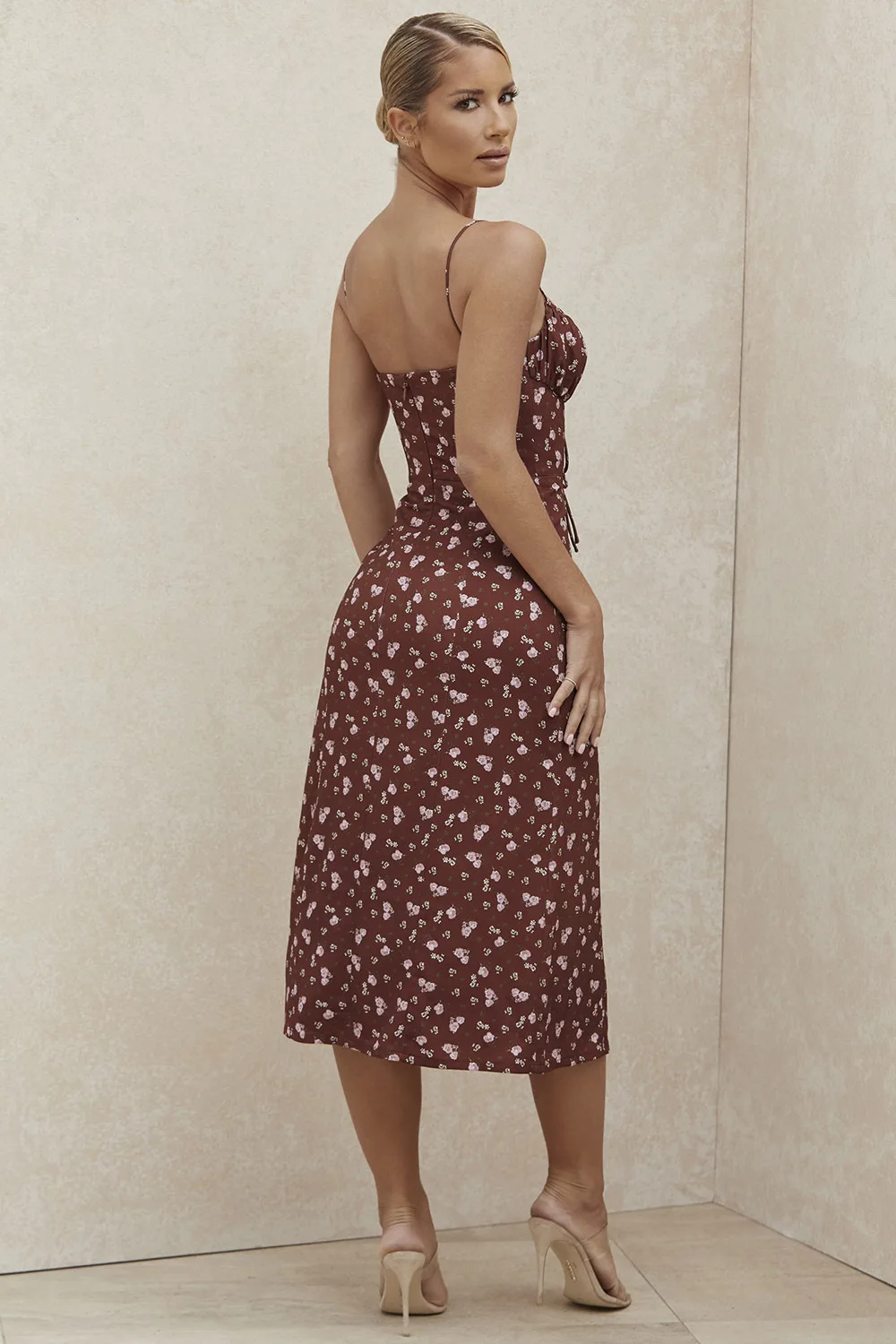 

Wine Floral Dress Women Prairie Chic Paghetti Straps Backless Chest Draped Lace Up Side Split Sexy Long Dresses 2020 New