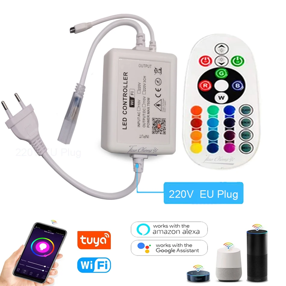 Smart Tuya WiFi Control RGB Neon Strip Light Lamp 5050 80LED/m Flexible LED Rope EU 220V US 110V Plug | Освещение