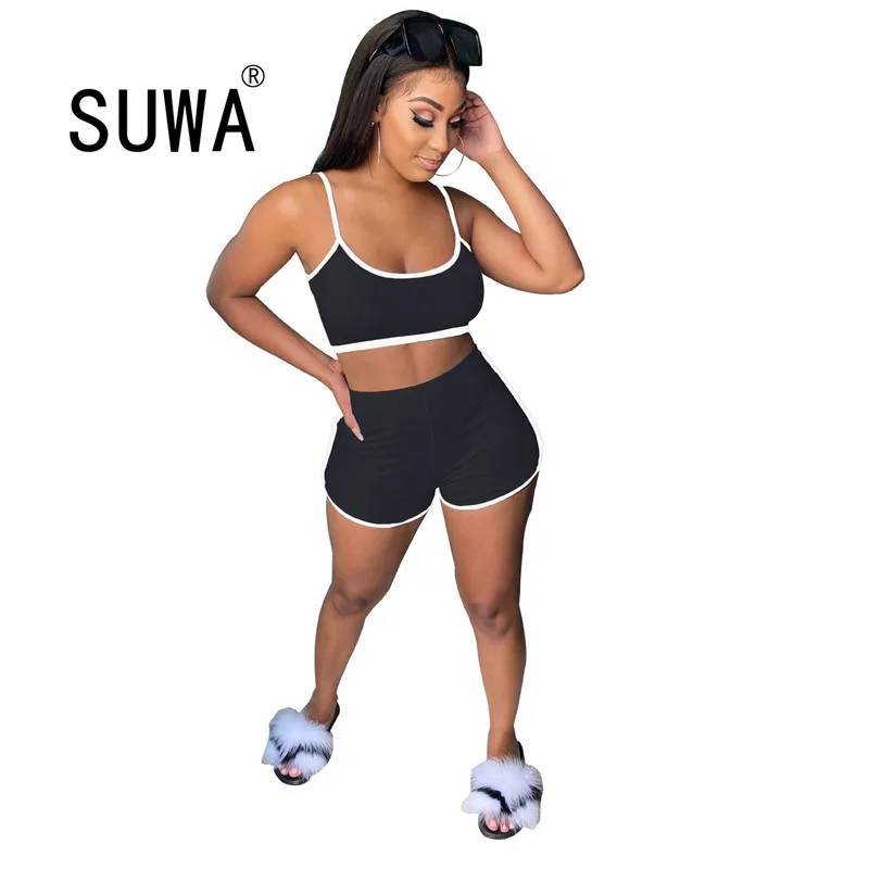 

Summer Sexy Casual 2 Piece Matching Set Women's Suit Slim Fit Crop Top And Elastic Wasit Biker Shorts Matching Sets Clothing