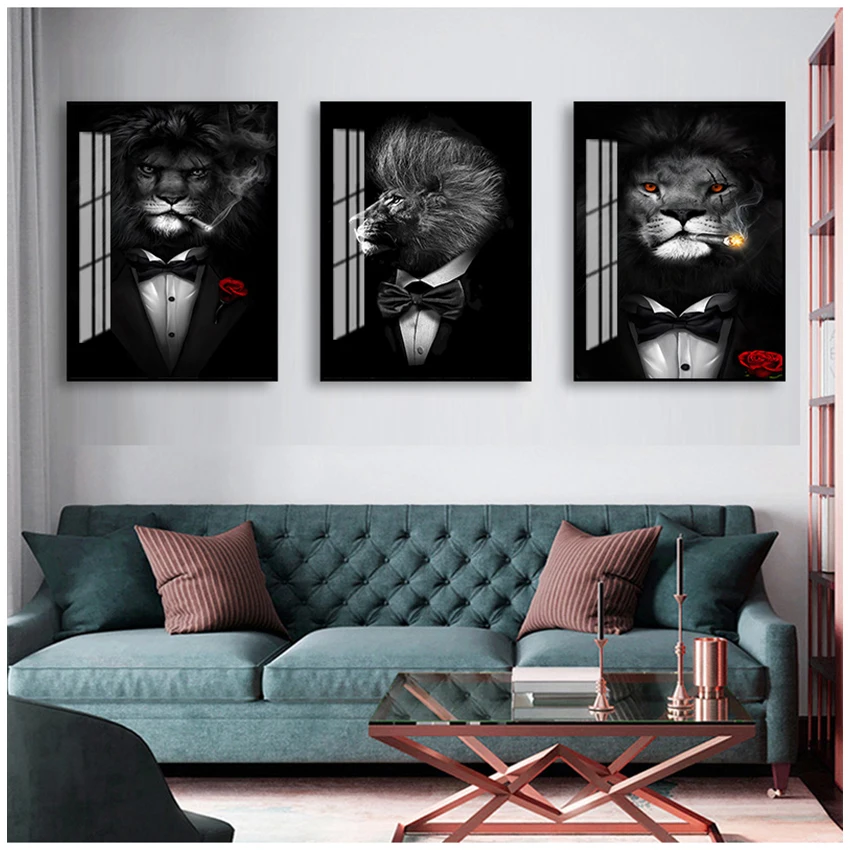 Животные холст искусство картины Смешные животные черный белый лев в костюме