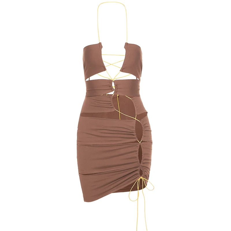 

Sexy Hollow Out Bandage Drawstring Halter Mini Dresses For Women Party Club Hot Outfits Lace Up Backless Skinny Bodycon Clubwear