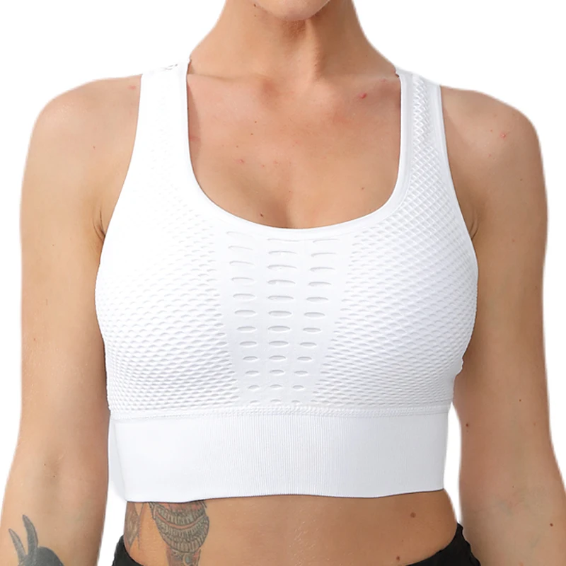 

Women's Sports Bras Fitness Yoga Tops Mesh Support Cross Back Wirefree Removable Cups Seamless Yoga Shirts Running Sports Bras