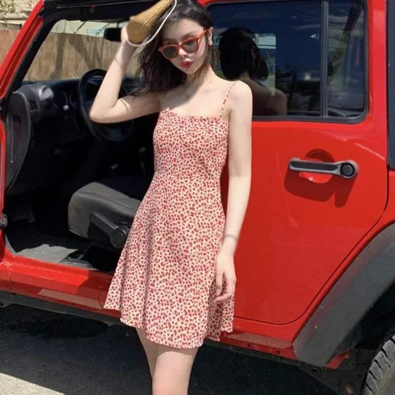 

Jlong Korean Sling Dress Women Sweet Floral Print Sleeveless Dresses Female Mini Dress Vestido