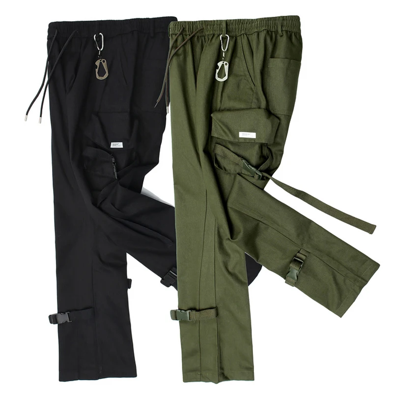 

Male Ribbon Reflective Jogger Men HipHop Drawstring Joggers Streetwear Multi-Pocket Cargo Paratrooper Trousers Pants Sweatpants