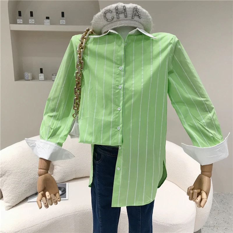 

Women's Spring Summer 2021 Vertical Stripe Color Matching Medium Length Shirt Retro Loose Long Sleeve Casual Top