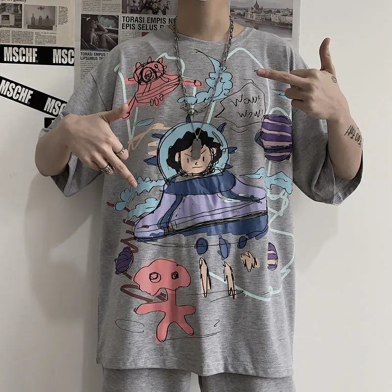 

European and American men's summer short-sleeved T-shirt loose hip-hop Harajuku graffiti printing trend insT-shirt