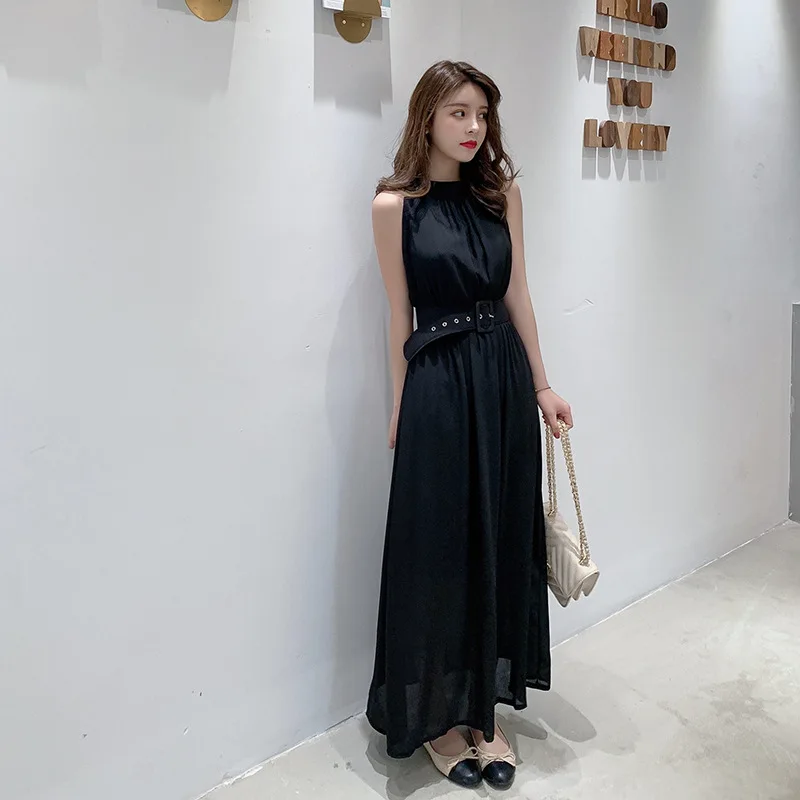 

Long Chiffon Dress Women 2021 Summer Slim Sleeveless Beach Dress With Belt Elegant Women Solid Color Party Dress