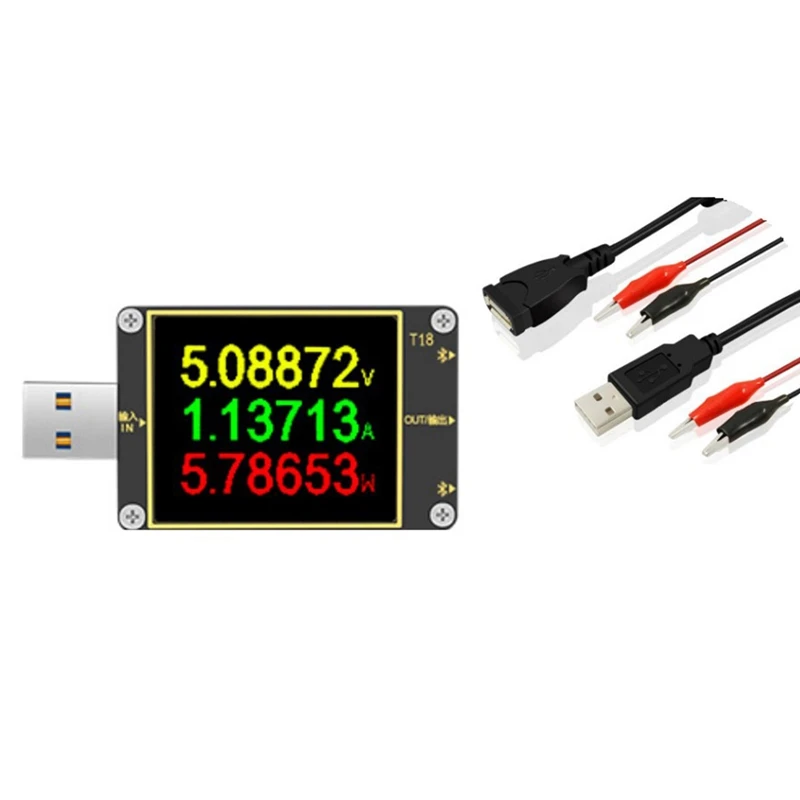

USB Tester T18 Digital DC Power Volt Meter Voltmeter Ammeter Current Voltage 1.8Inch Qc2.0 PD3.0 18 in 1 Detector