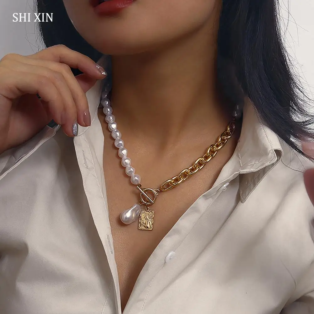 Женское колье чокер с искусственным жемчугом SHIXIN корейское асимметричное