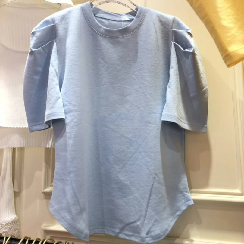 

Korean Fashion Puff Sleeve T Shirt for Women 2021 New O-neck Solid All Match Tee Summer Soft Short Sleeve Women Tops