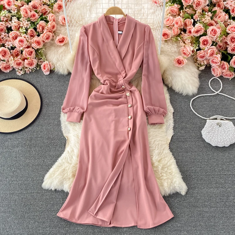 

Uulutonica Autumn Women Elegant Fashion Office Lady A-line Solid Full Button Mid-calf Lantern Sleeve Empire Dress