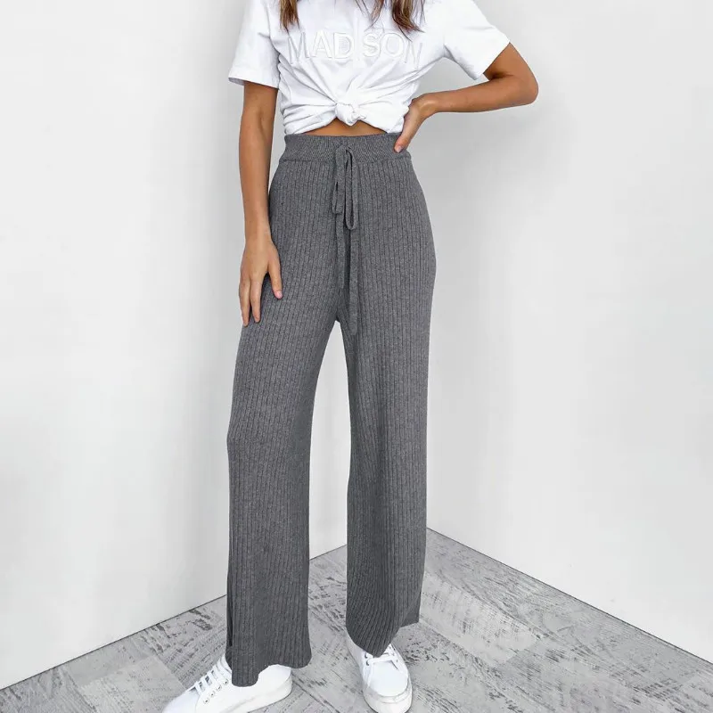 

Casual Loose Knitted Drawstring Long Trousers Ladies Casual High Waist Straight Trousers 2021 Summer Women Solid Wide Leg Pants
