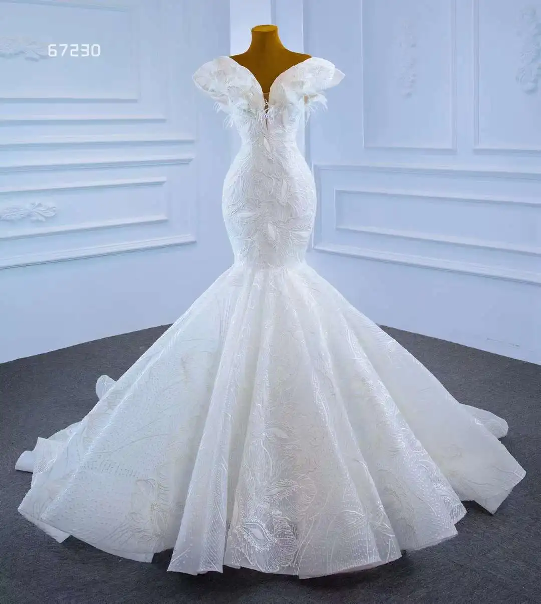 

Женское свадебное платье с оборками Aolanes, платье-Русалка с глубоким вырезом и рукавами-крылышками