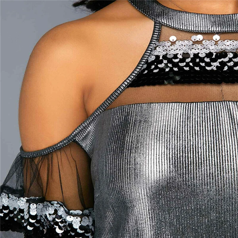 

Women Mesh Sequins Blouse Tops New Lady Hollow Out Patchwork Fashion Shirts Off Shoulder Short Sleeve Summer Clothes Vogue Shirt