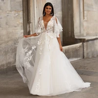 charming a line butterfly sleeves wedding dress sexy deep v neck sweep train appliques lace tulle bridal gowns for brides