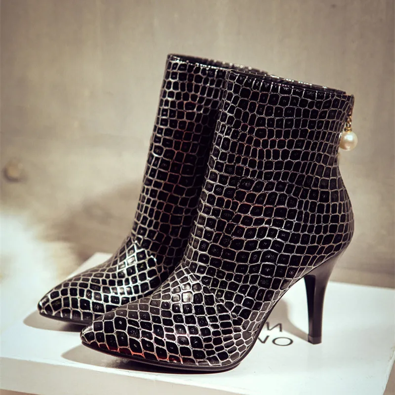 

Hjwsfdcai Winter New Women Pointed Toe High Heel Short Boots Lattice Pattern Fashion Sexy Ladies Ankle Boots Mujer Casual Shoes