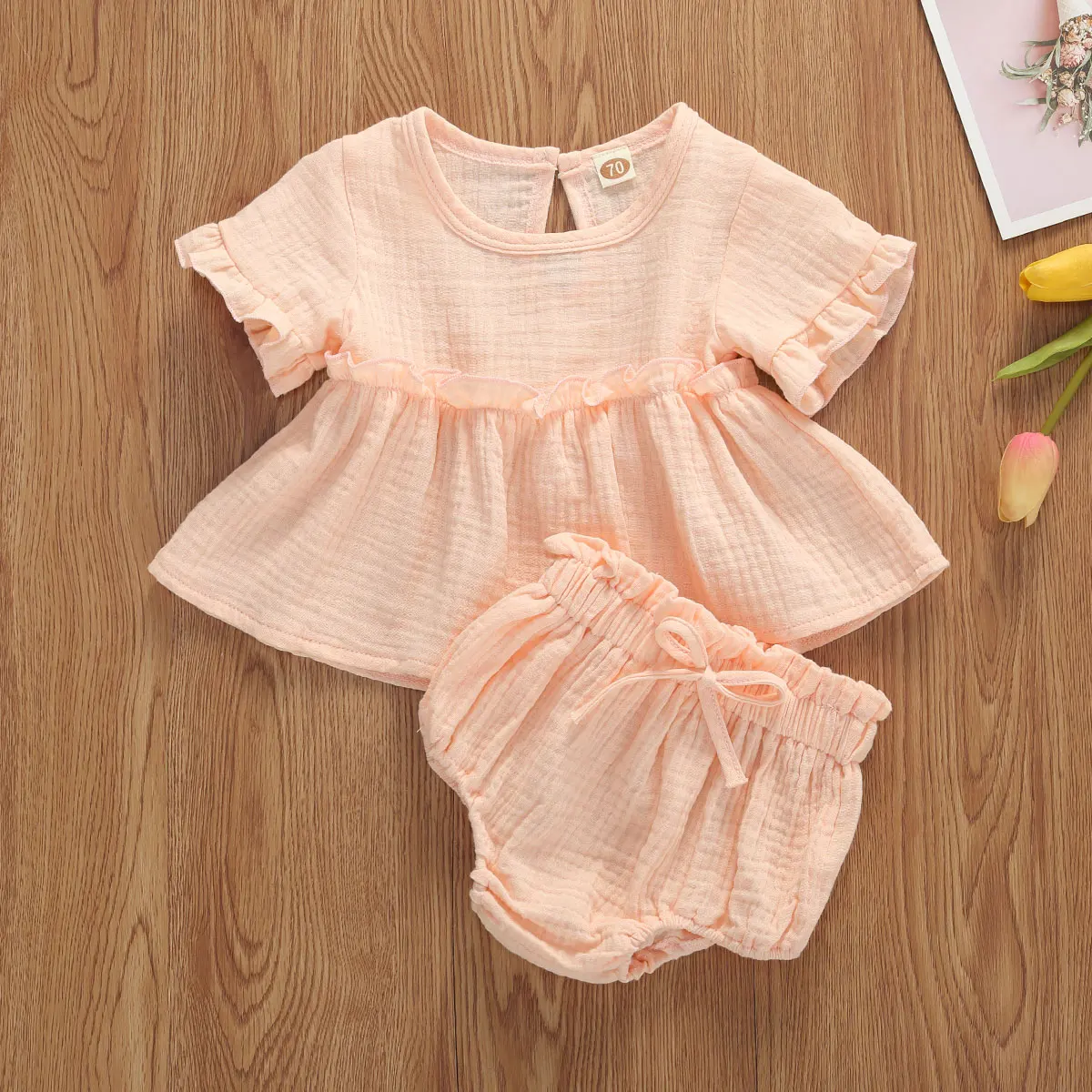 

0-24M Newborn Infant Baby Girls Clothes Ruffles Short Sleeve Tops+Shorts 2pcs Summer Cotton Baby Girl Clothing Set