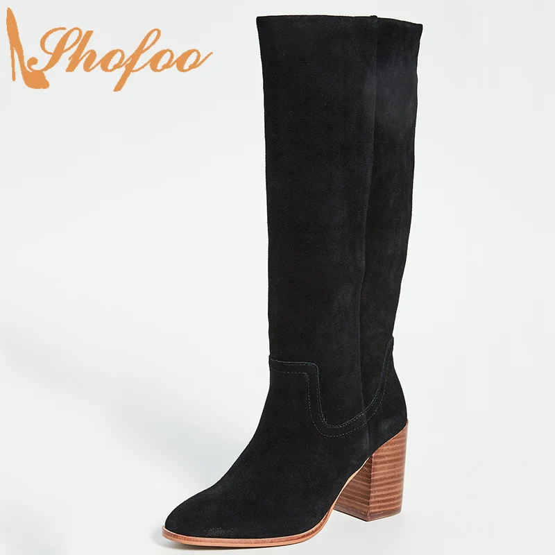 

Black Knee Long Boots High Chunky Heels Round Toe Slip On Flock Ladies Winter Warm Fashion Women Shoes Large Size 11 16 Shofoo