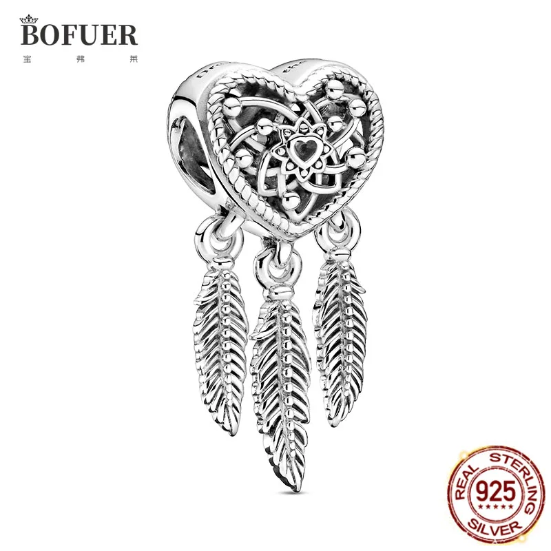 

2021 New 925 Sterling Silver Openwork Heart & Three Feathers Dreamcatcher Charm Beads fit Original Bracelet Necklace 925 jewelry