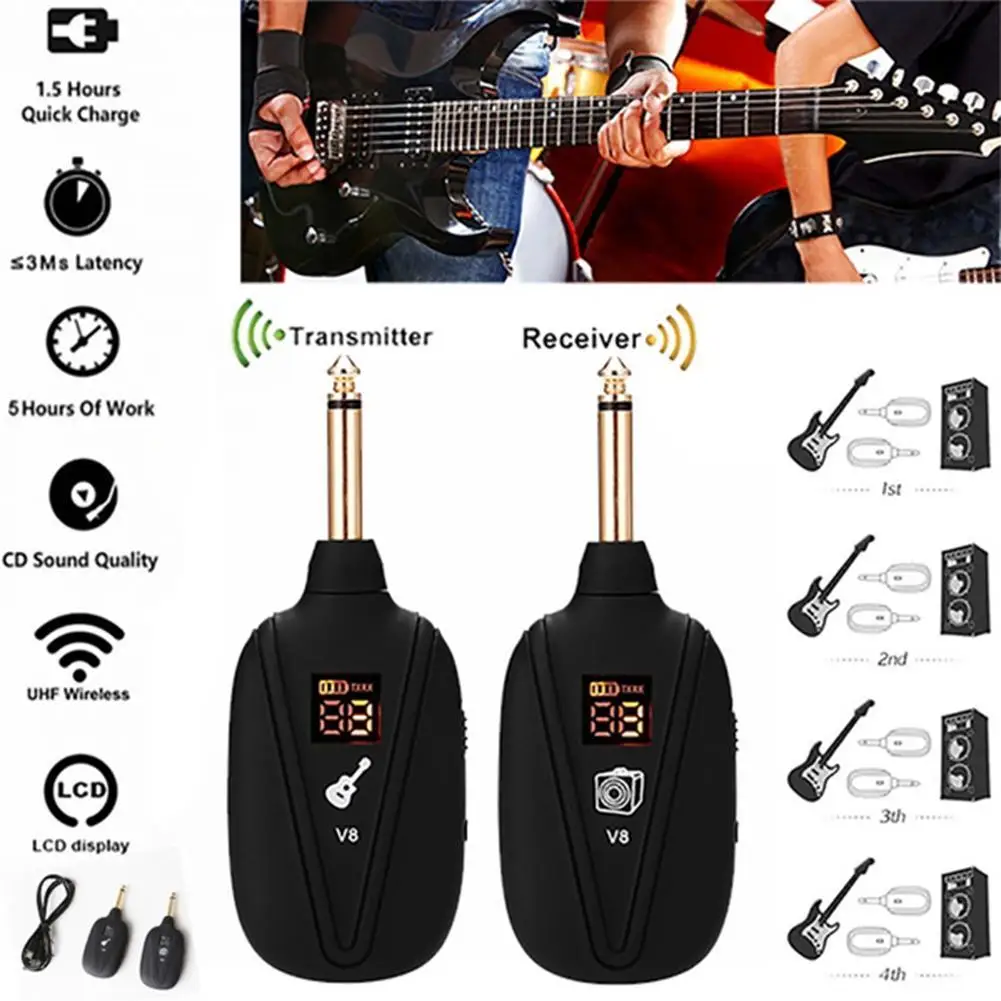 

V8 Guitar Wireless System Transmitter Receiver Built-in Rechargeable Wireless Guitar 4 Channels Transmitter Receiver