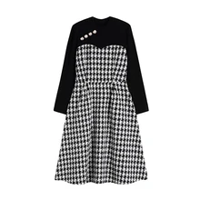 Outono inverno feminino houndstooth costura falso vestido de duas peças com cintura fina temperamento frocks para mulher mid length saia xl (3)