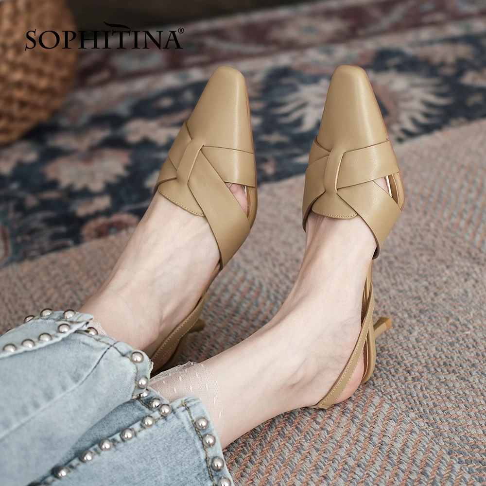 

SOPHITINA Women Sandals Concise All-Match Breathable Back Strap Leather Shoes Thin Heels Cross Slip-On Fashion Lady Shoes AO887