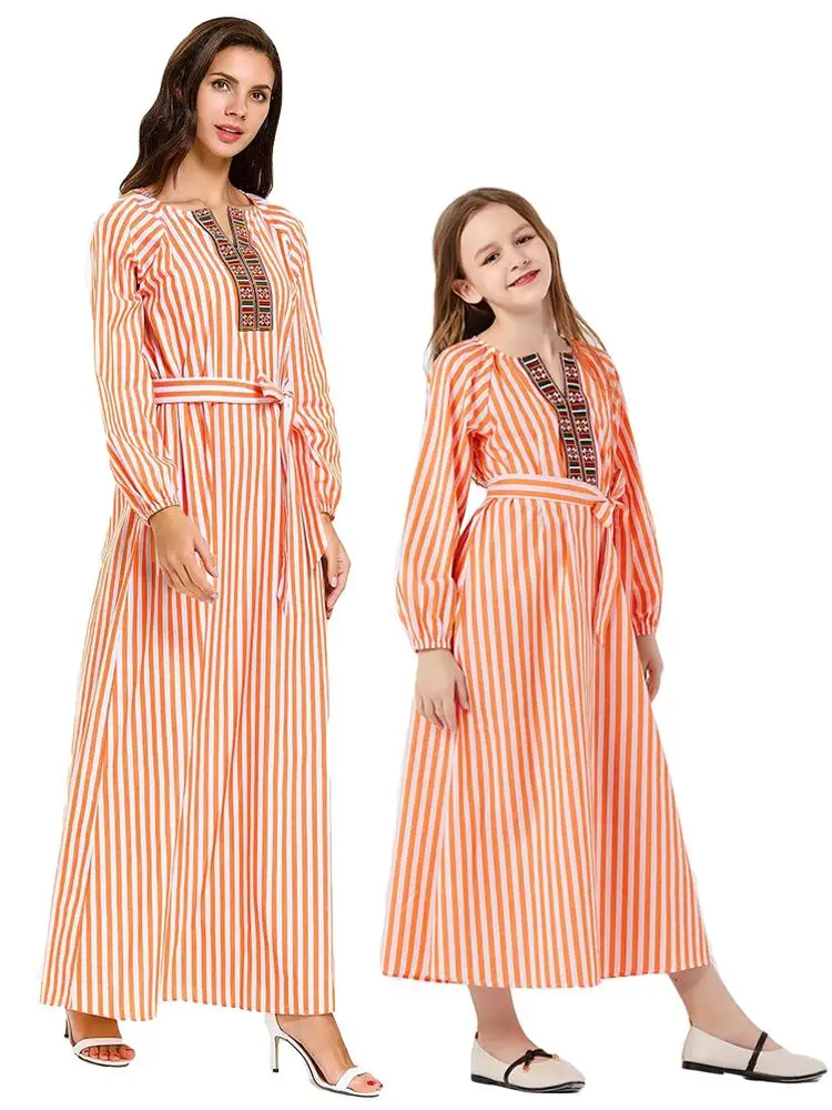 Женское платье с длинным рукавом фонариком в полоску|Сочетающаяся одежда для