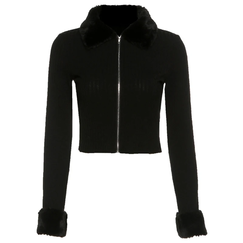 

Women Plush Lapel Long Sleeve Cropped Jacket Zip Up Ribbed Knit Sweater Coat