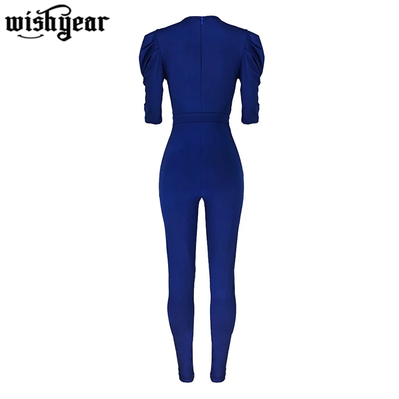 

Women V Neck Jumpsuit Summer 2020 New Casual Puff Sleeve Belt Long Rompers Fashion Streetwear Jumpsuits Blue Office Jumpsuits