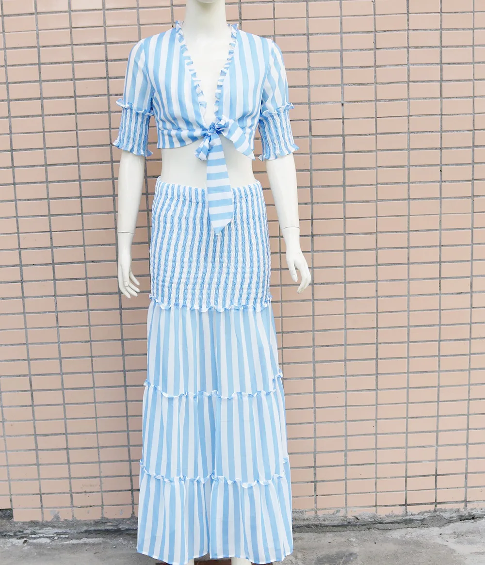 

Striped Ruffles Floral Tank Top Crop Top Sexy Women Elastic Waist Maxi Long Skirt Half Sleeve Shirt Holiday 2 Pieces Set New