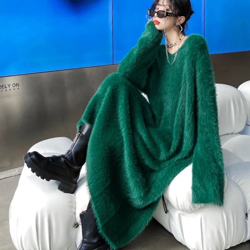 

XUXI Women Pullover Dress Mink-Fleece Sweater Mid-length Loose-fitting Outer Wear Knitting Skirt Autumn Winter 2021 E3718