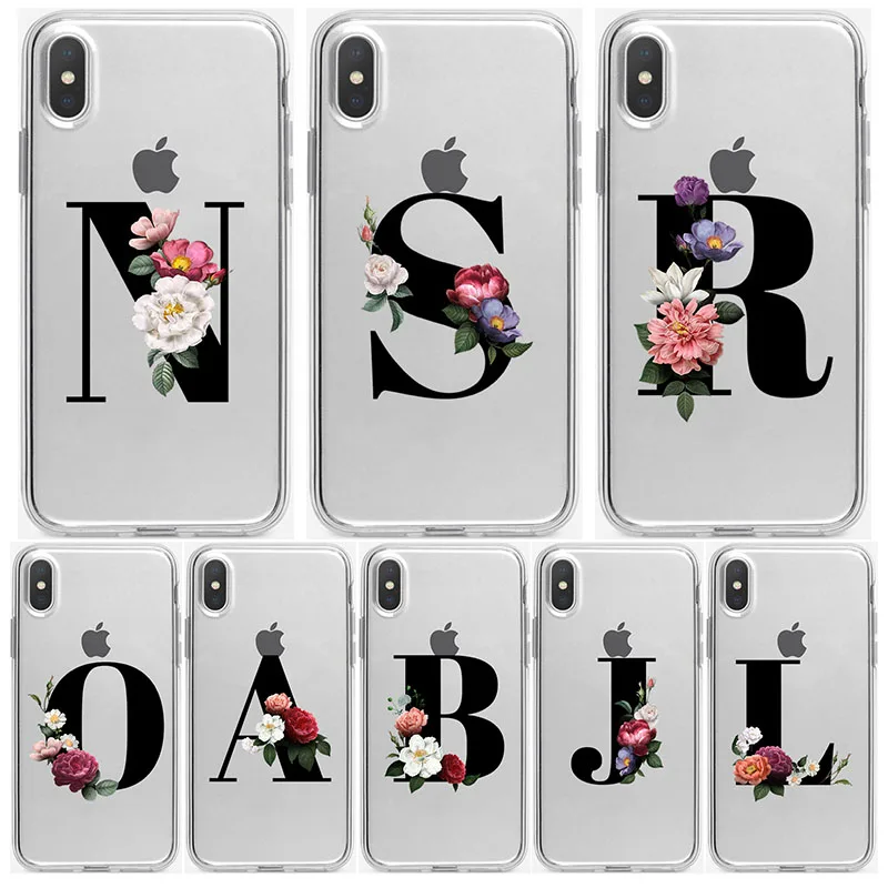 Элегантный чехол для телефона с цветочным алфавитом и буквами N для iPhone 11 12Pro Mini Max XS 6 7 Plus X, Классический Прозрачный Простой чехол с цветами