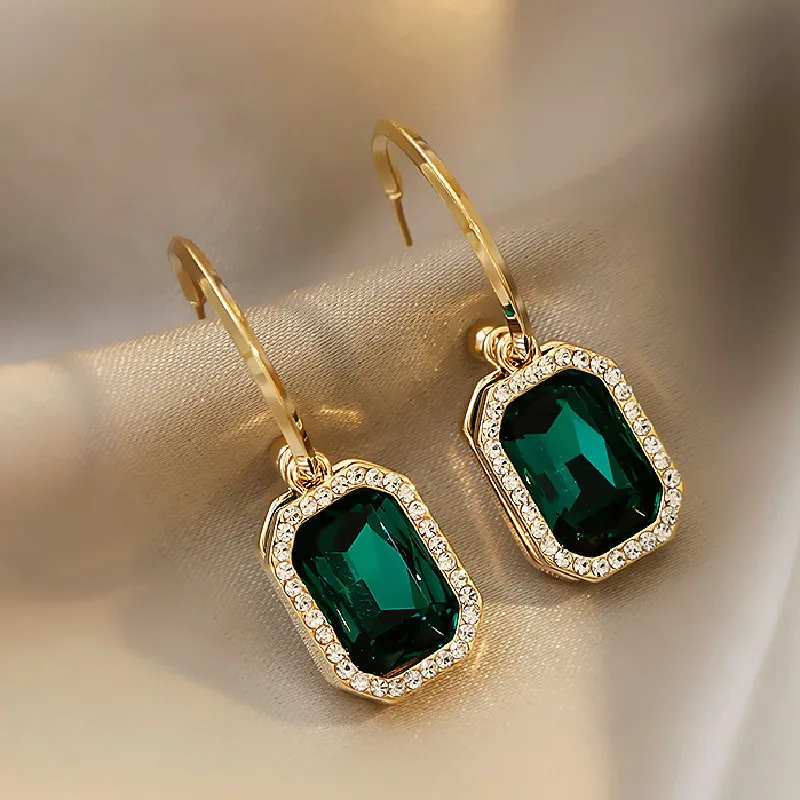 

Trendy Simple Green Zircon Long Drop Earrings for Women Luxury Geometric Rectangle Chain Tassel Earrings Bridal Wedding Jewelry